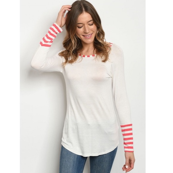 Happy Organics Boutique Tops - Coral & Ivory Stripe Jersey Tunic Long Sleeve Top